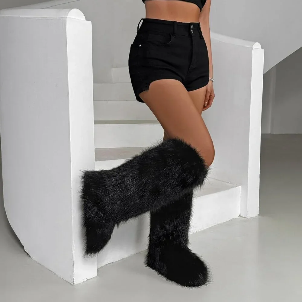 ⚡Women Black Faux Fur Fluffy Cosy Round Toe Knee High Warm Outdoor Fur Boot